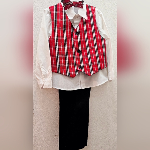 Red Plaid Vest with Black Pants Set Toddler Boy Size 5 - Picture 6 of 7